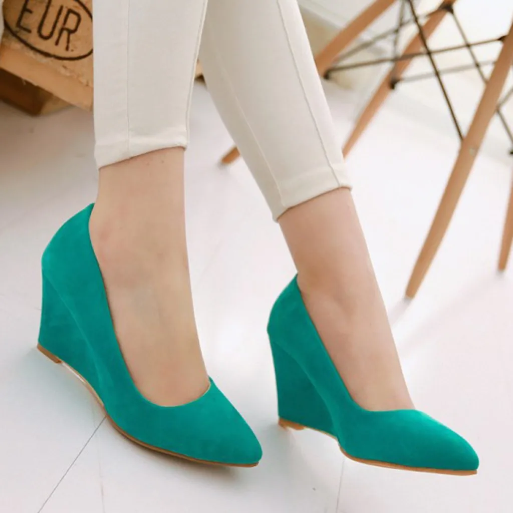 Women Shoes Casual Comfortable Pumps Fashion Solid Wedges High Heels Pointed Toe Suede High Quality Slip On Shallow Shoes