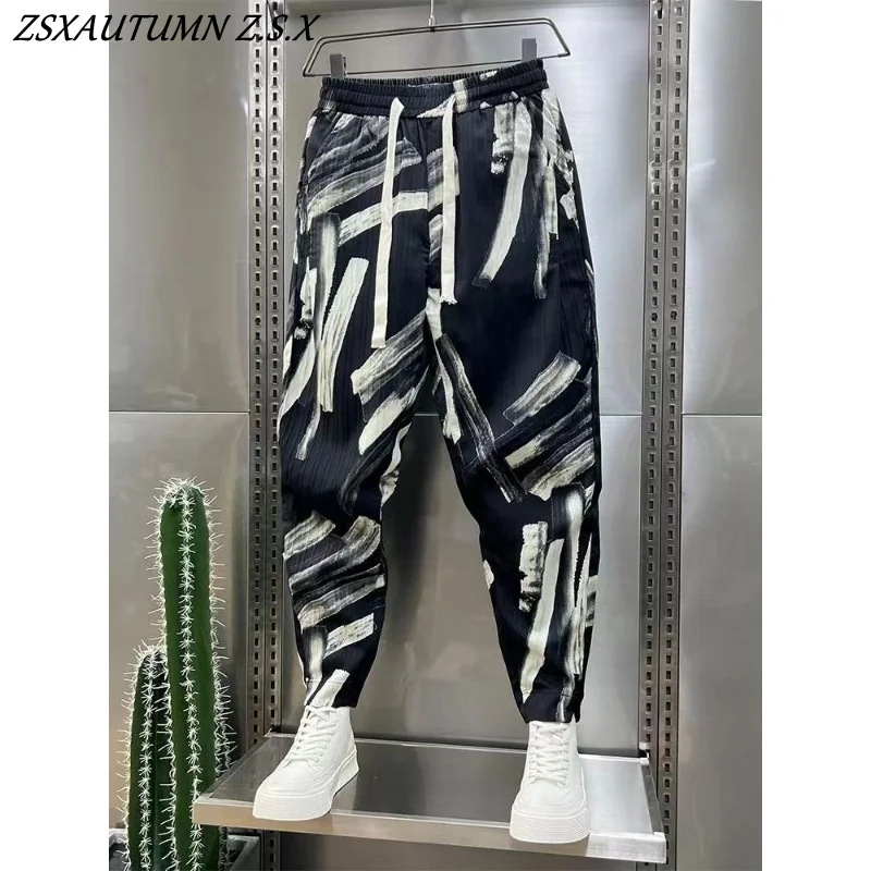 2023 Men's Summer Thin Haren Pants Print Young Cotton Hemp Casual Pants Baggy Fashion Trousers Male Hip Hop Streetwear Harajuku