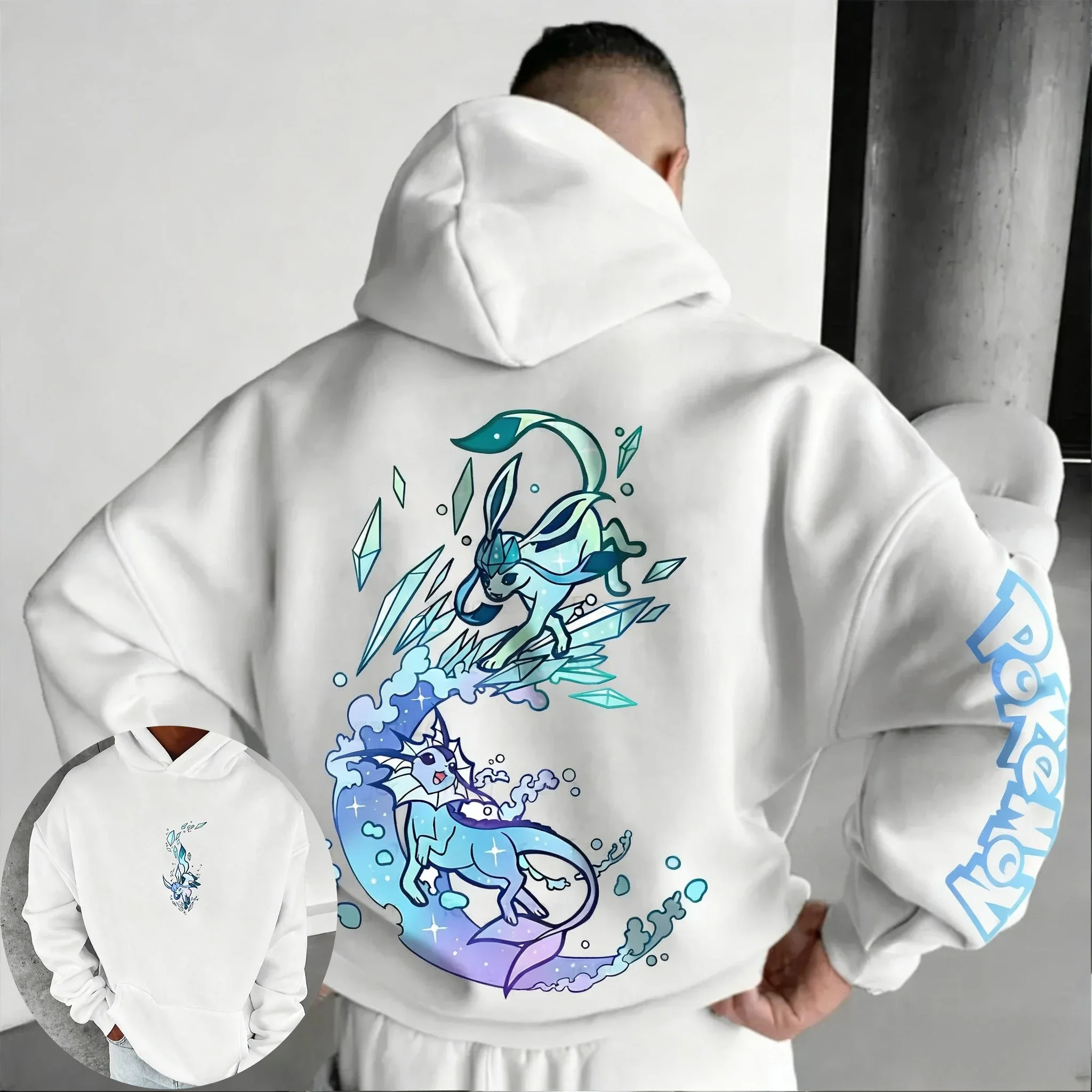 Pokémon Anime Co-branded Geschilderde Hoodie Herfst/Winter Heren Nieuwe Glaceon Gedrukt Amerikaanse Casual Losse Ouder-kind Trui Top