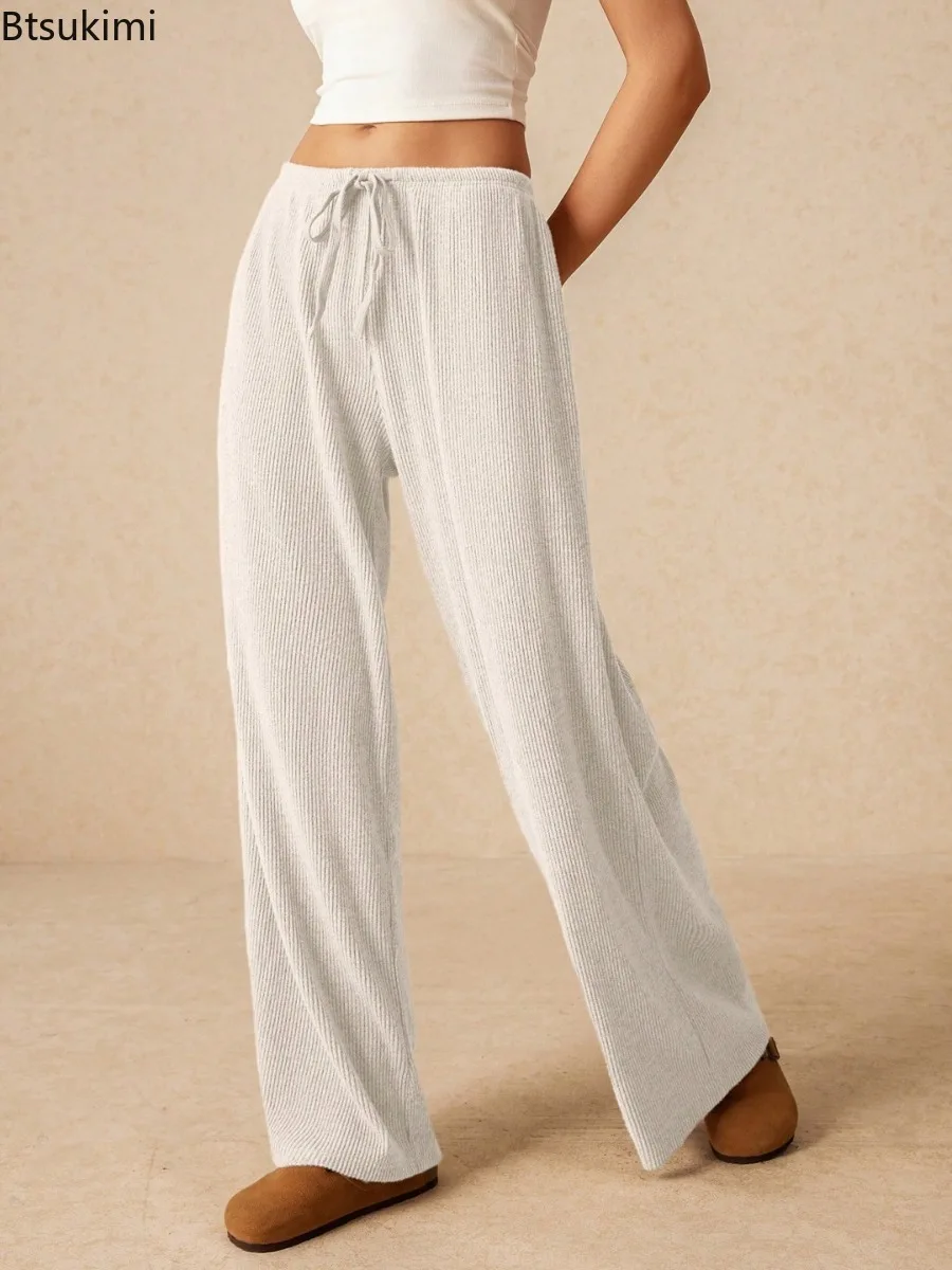 2025 Women's Solid Color High Waisted Fashion Pants Fashionable Lace Up Straight Leg Wide Leg Pants Casual Loose Sports Trousers