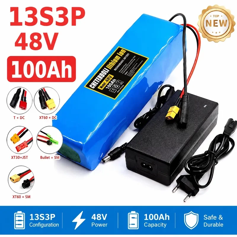 13S3P 48V 100Ah Lithium Ion Battery Pack 100000mAh with BMS 250W 350W 500W 750W 1000W for 54.6V E-bike Electric Bicycle