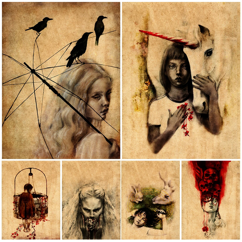 Unicorn And Vampire Vintage Abstract Wall Art Canvas Painting Black Cat Witch Poster Prints Witchcraft Home Decoration Unframed