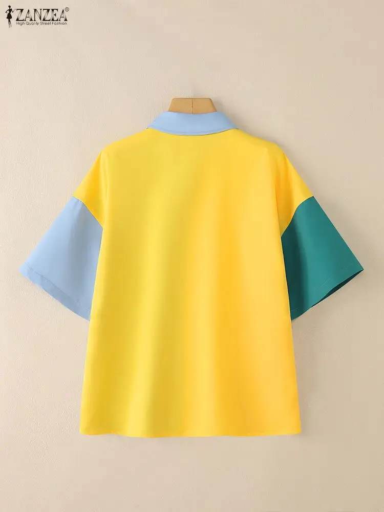Zomer Stijlvol Shirt 2023 ZANZEA Vrouwen Patchwork Blouse Revers Hals Korte Mouw Werk Blusas Vrouwelijke Contrast Kleur Tops Oversize