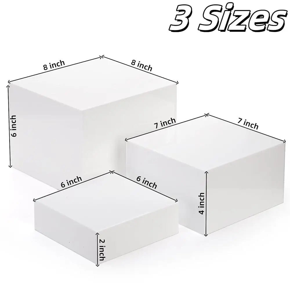Set Of 3 Acrylic Cube Riser Hollow Bottom, Glossy White Buffet Riser Food Display Stand, 5 Sides Cupcake Stand Nesting Display