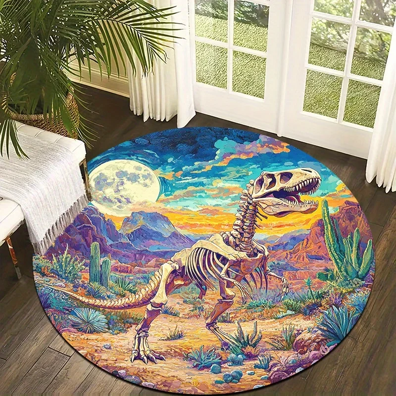 Dinosaur skeleton fossil Flannel-printed round floor mats are slip-resistant Suitable living room bedroom terrace garden carpets