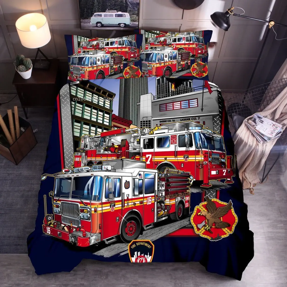 Firefighter Truck All Season Twin Bedding Set 3 Piece Comforter Set Double King Red Firemen Car Bedding Set for Kids Boys Girls