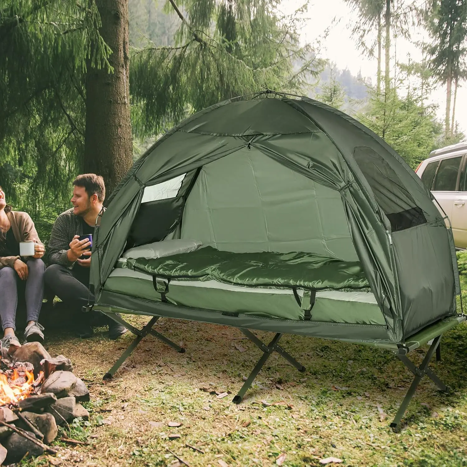 Zusammenklappbare Campingbetten für Erwachsene, erhöhtes Zelt mit Schlafsack, dicke Luftmatratzenauflage, tragbares Einzel-Schlafbett Camping B