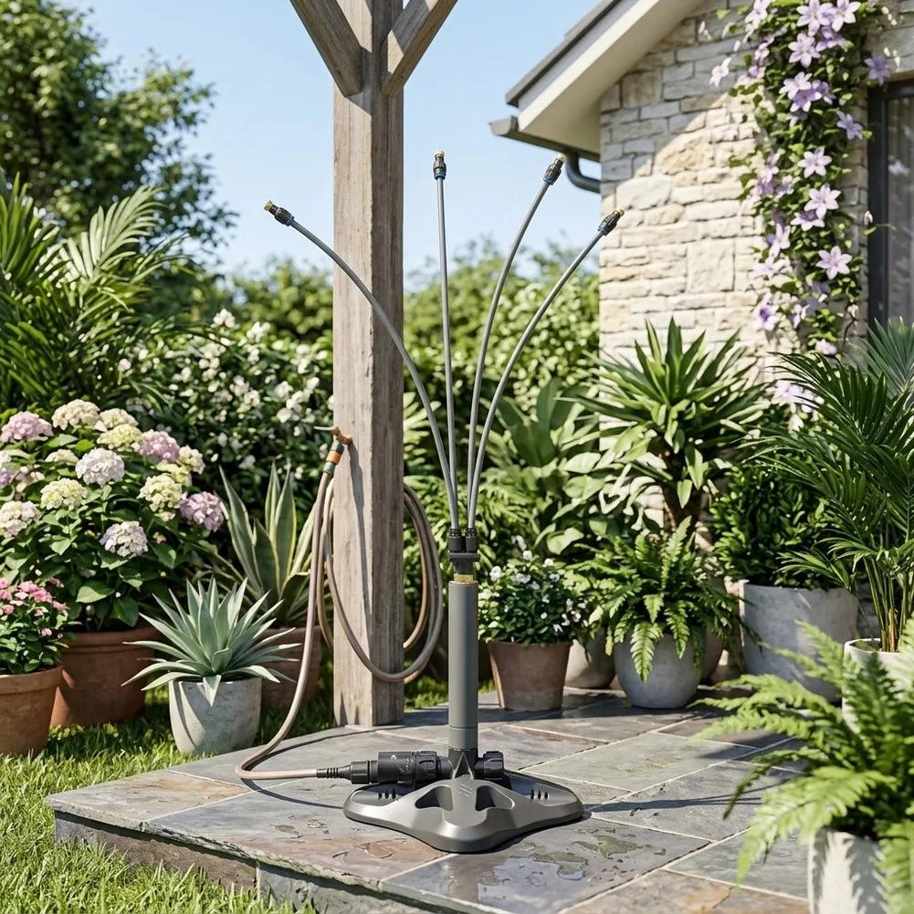 Standing Garden Cooling Spray System with Adjustable Atomizing Nozzles and 4 Bendable Shape Memory Brass-Tipped Tubes