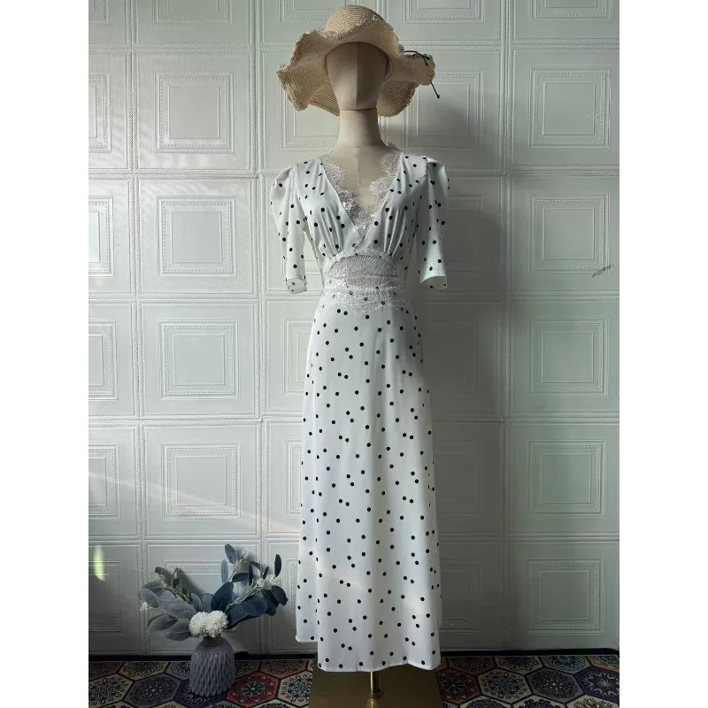 Elegant Satijn Kant Patchwork Hollow Out Jurk Vrouwen Sexy Sheer Split Party Club Avondjurk Herfst Winter Vestidos