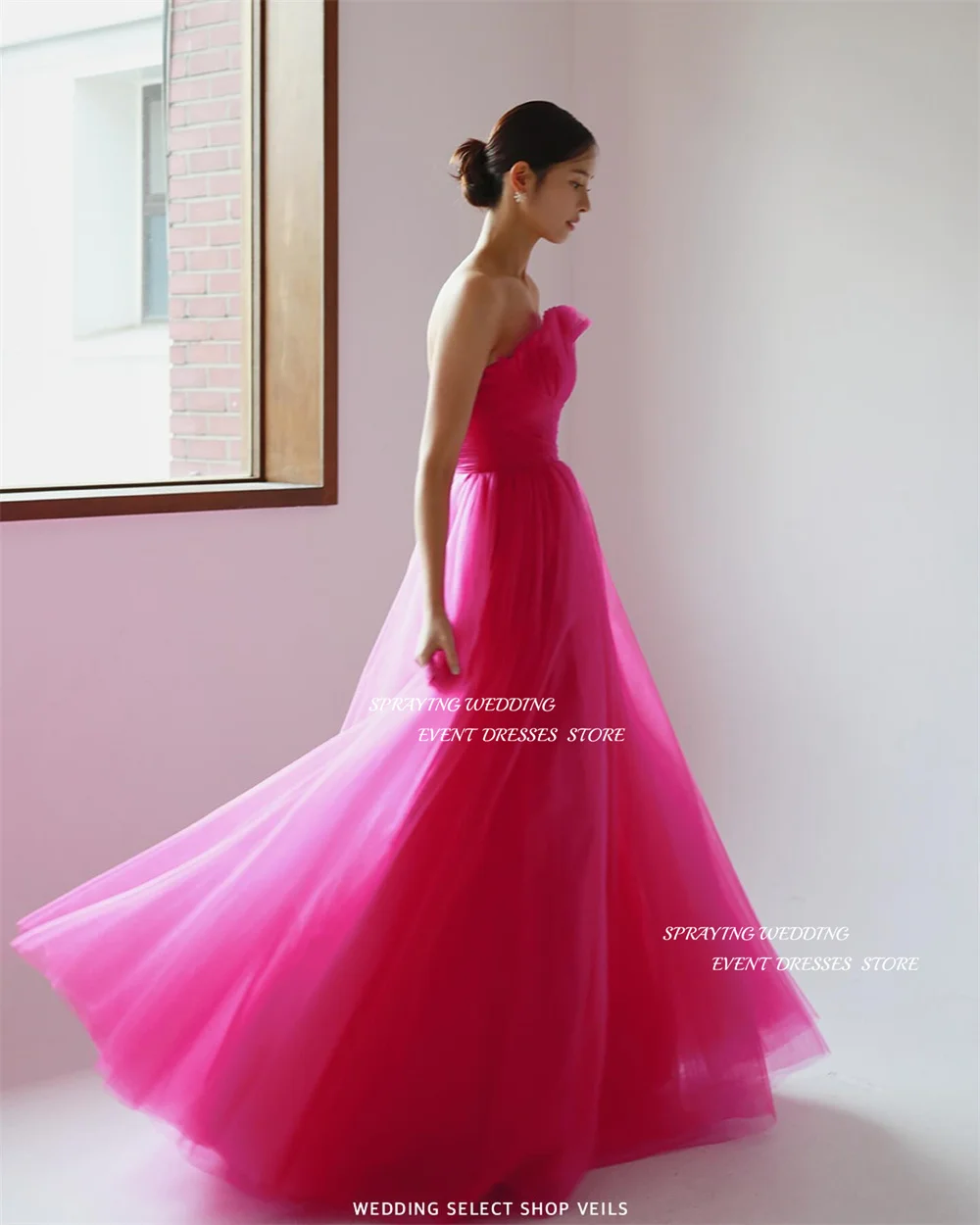 SPRAYING-vestidos de fiesta de boda de Corea, color rosa intenso, sesión de fotos, sin tirantes, plisado, línea A, vestido de noche nupcial largo personalizado 2025