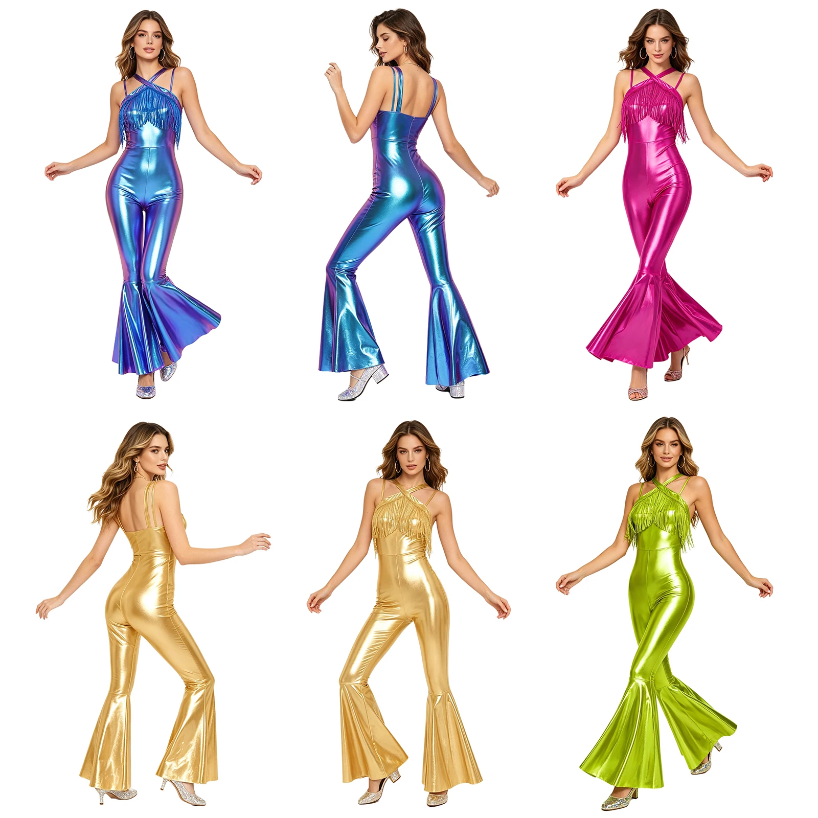 

Women Disco Jazz Dance Jumpsuit Metallic Shiny Sequin Tassels Spaghetti Straps Bell-bottom Bodysuit Theme Party Carnival Costume