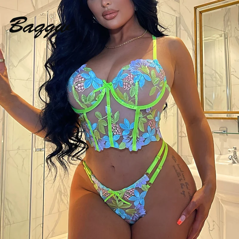 

Floral Embroidery Luxury Lingerie Sexy Set Woman Elegant 2 Pieces Underwire Bra Thongs Exotic Intimate Neon Green Sexy Underwear