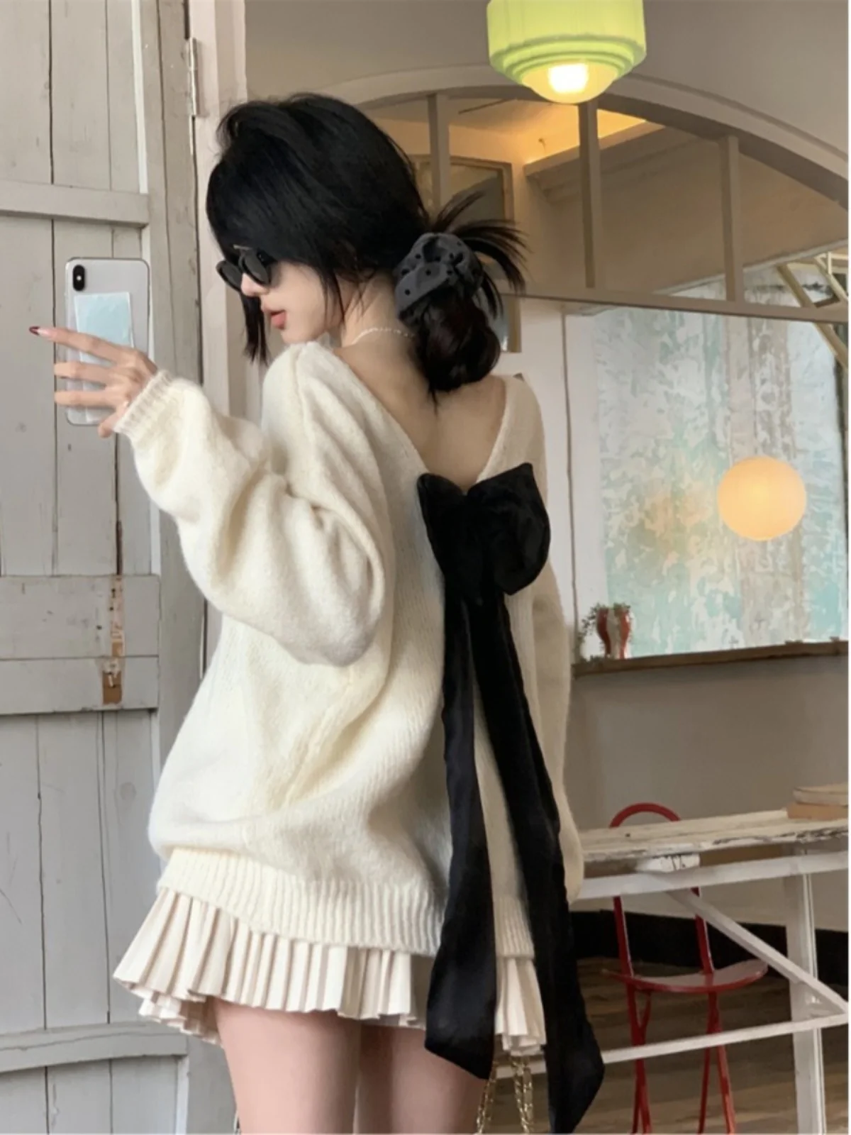 

Laid-ba Sexy Bal round Ne Knot Design Long Sve Свободный вязаный свитер Осенний новый утягивающий топ