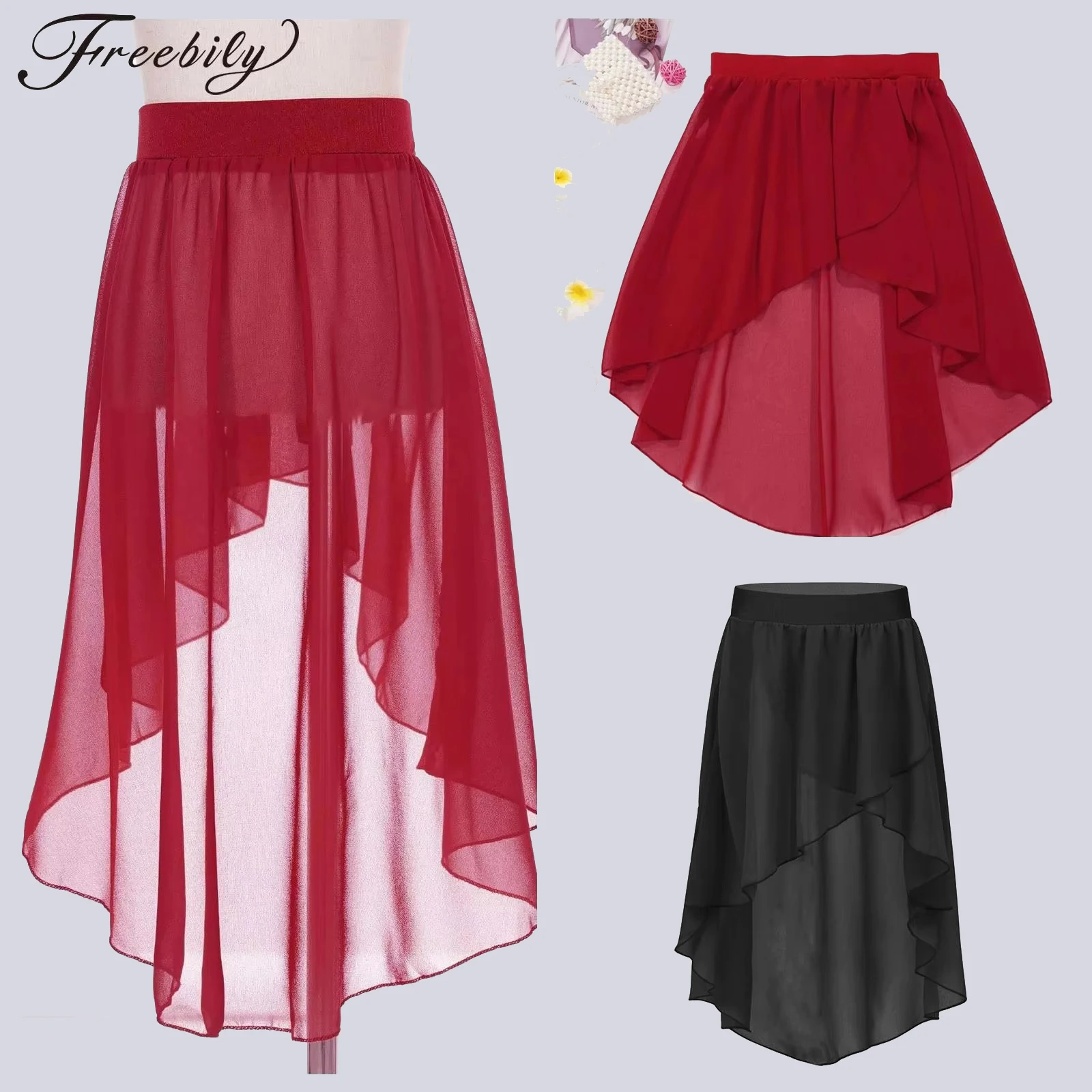 

Girls Ballet Wrap Skirt Modern Lyrical Dance Costumes High-Low Chiffon Skirt for Girl Elastic Waistband Figure Skating Skirts