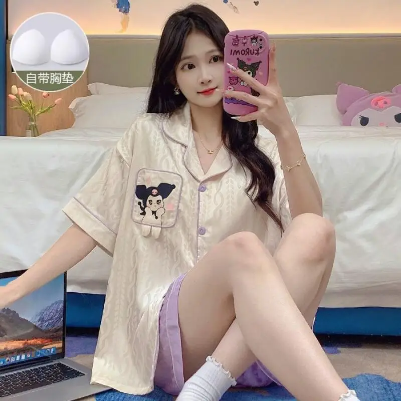 

Пижамы из ледяного шелка, женские летние новинки с фиксированной накладкой на грудь, шорты с короткими рукавами, одежда для сна из 2 предметов, милый домашний костюм с героями мультфильмов для девочек