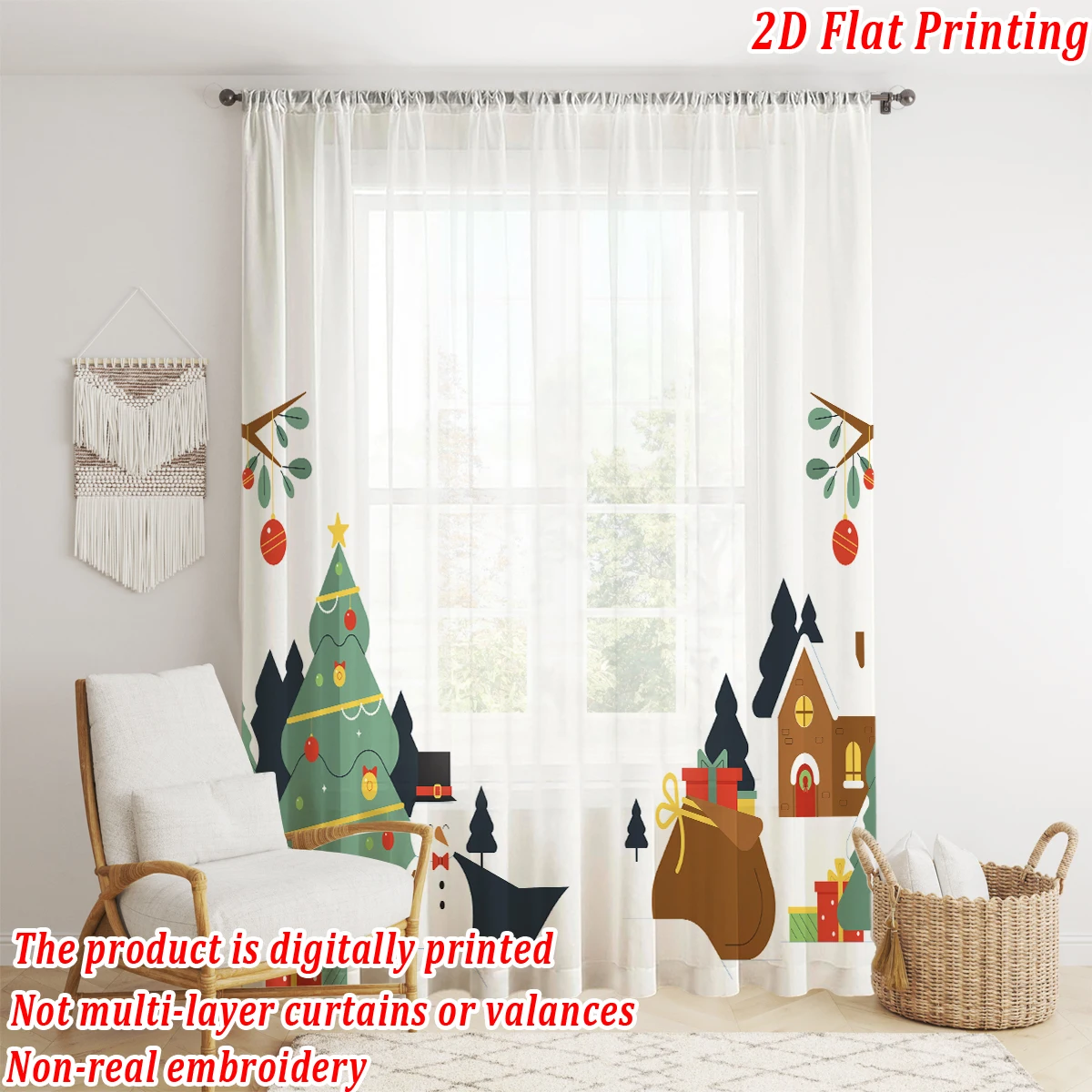 Christmas Flat Printing Sheer Curtain with Christmas Trees House Snowman Gift Box for Living Room Bedroom Decor Holiday Party