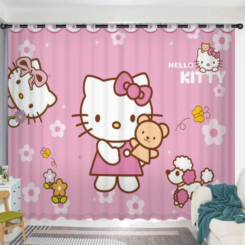 Hello Kitty Curtain Cute Cartoon Full Blackout Girl Boy Bedroom Pink Princess Style Children Room Bay Window Bedroom Decoration