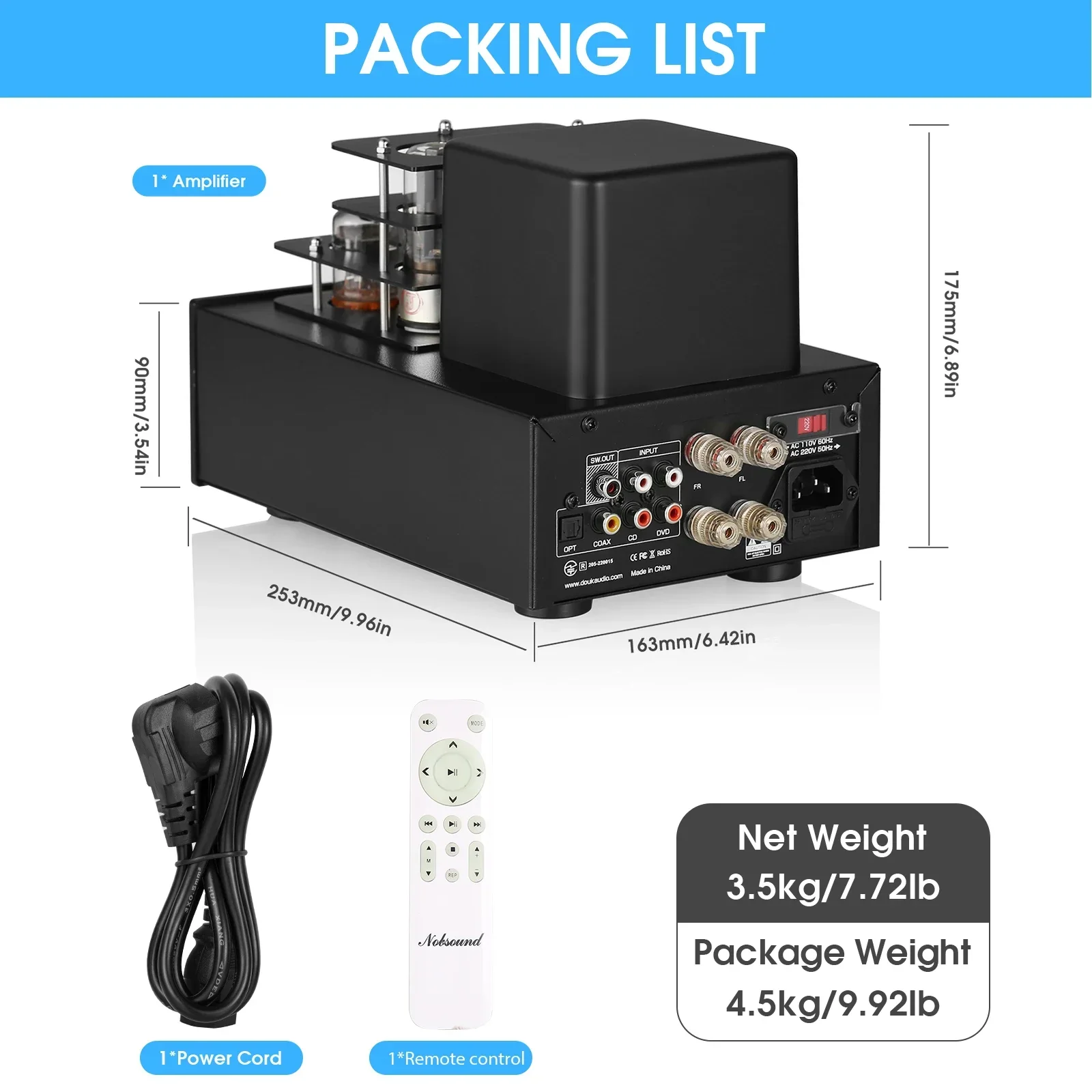 Nobsound A3 HiFi Bluetooth 5.0 Receiver Tube Amplifier USB Player Digital COAX / OPT Stereo Power Amp 35W×2 Headphone Amp