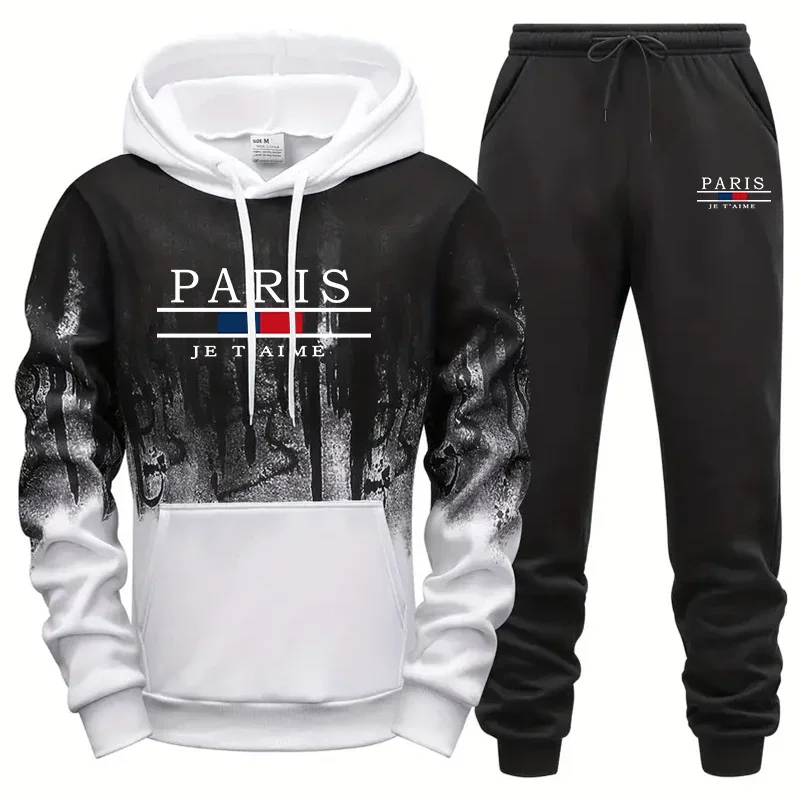 Autumn Winter Mens Tracksuit Print Splash-ink Sweatshirt Sweatpants Sets Casual Sports Jogging Mens Clothing Hoodies Sportswear