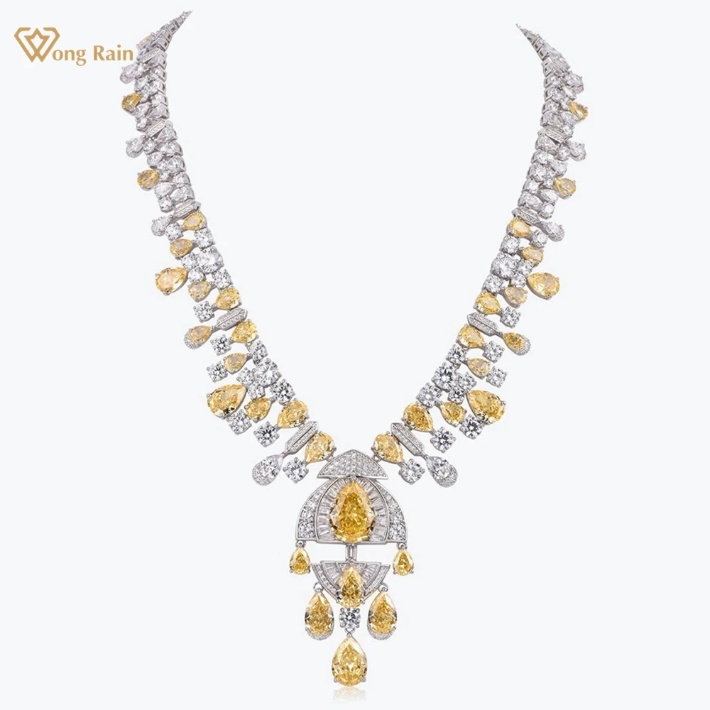 Wong Rain Luxury 100% 925 Sterling Silver Sparkling Citrine High Carbon Diamond Gemstone Pendant Necklace Fine Jewelry Gifts