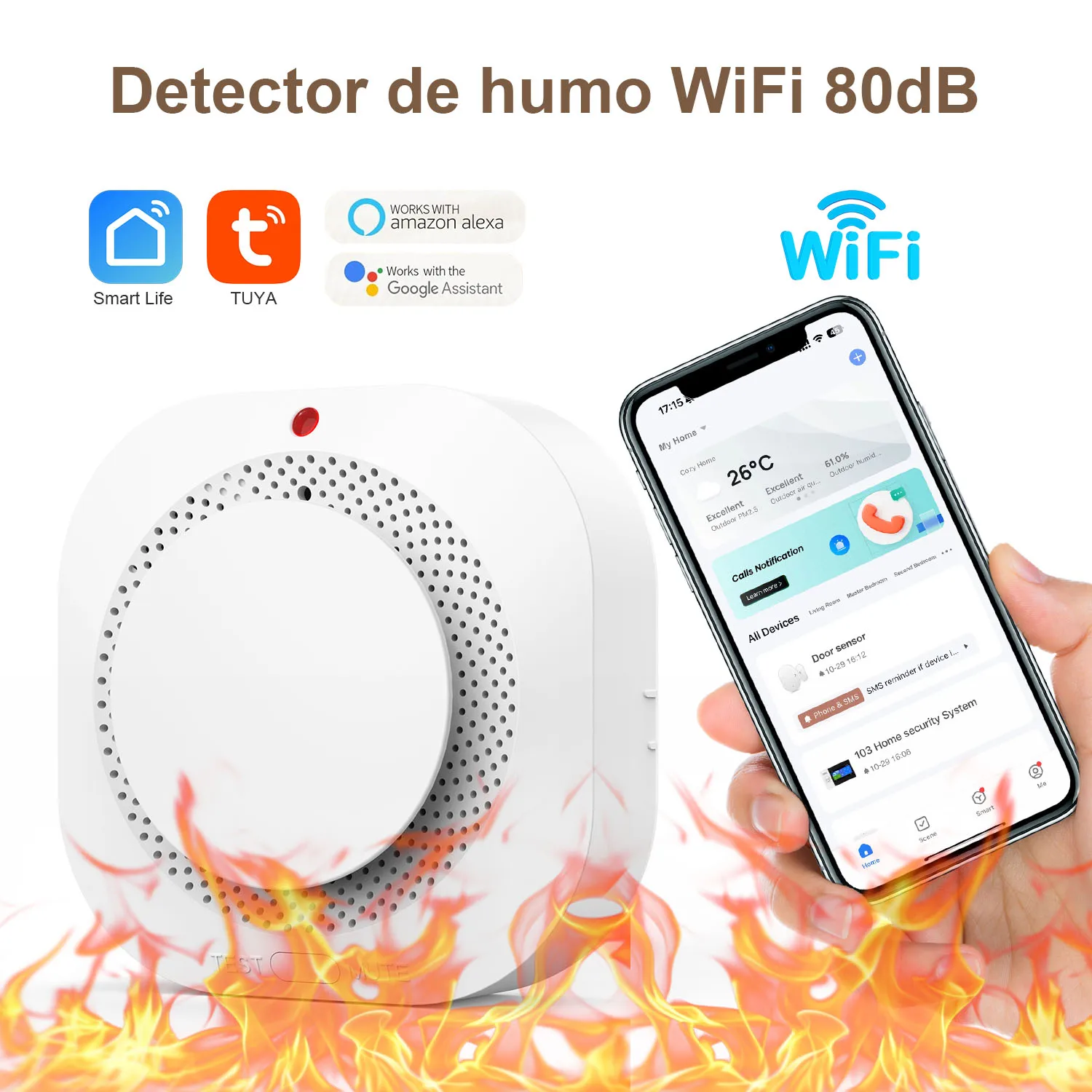 Sensor de humo de protección contra incendios WiFi, Detector de alarma, aplicación Smart Life y Control de aplicación inteligente Tuya, funciona con Alexa y asistente de Google