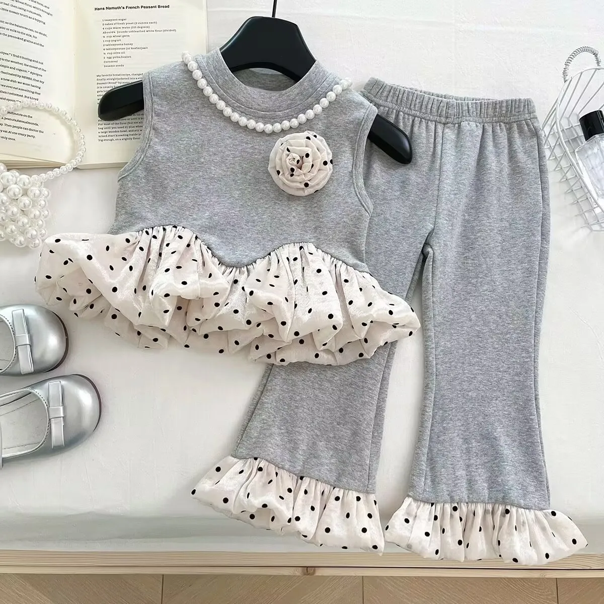 Toddler Baby Girl Summer Clothes Sleeveless Pearl Floral Peplum Top Polka Dot Ruffle Flare Pants Bell Bottoms 2Pcs Outfit Set