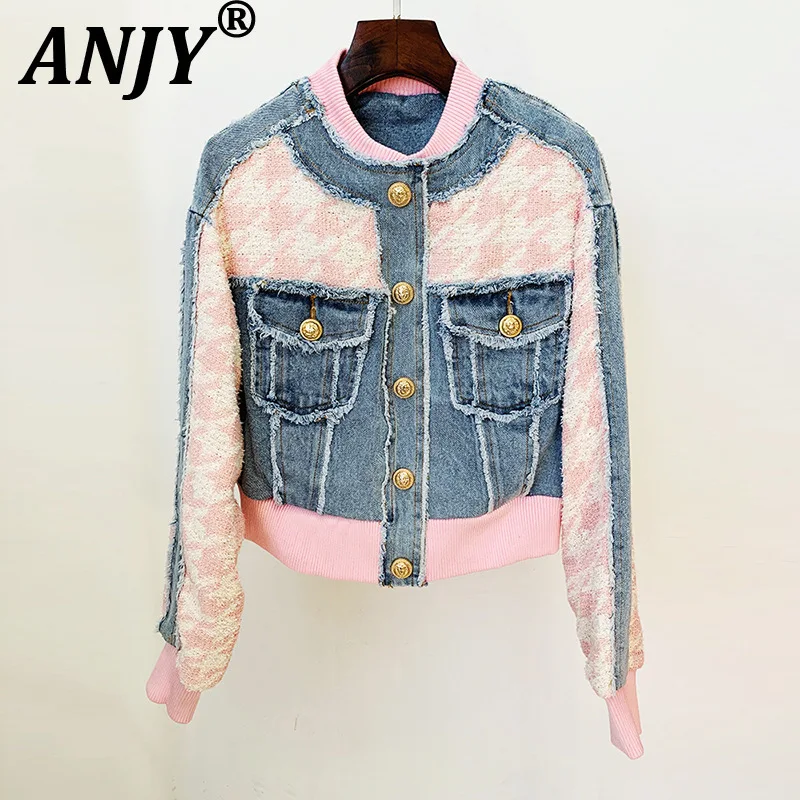 

ANJY Autumn New Women Chic Jacket Frayed Edge Denim Patchwork Contrast Color Single Breasted Pockets High Street Y2K Coats A8783
