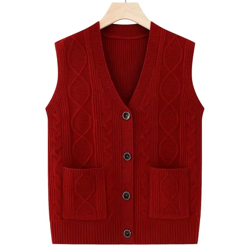 

Knitted Cardigan Waistcoat Women Top Spring Autumn Mother Vest Coat Ladies 2026New Middle-aged Elderly Sweater Sleeveless Jacket