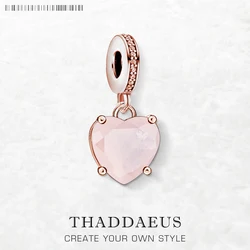Rose Stone Heart Pendant Dangle Charms DIY Jewelry Romantic 100% 925 Sterling Silver Love Gift