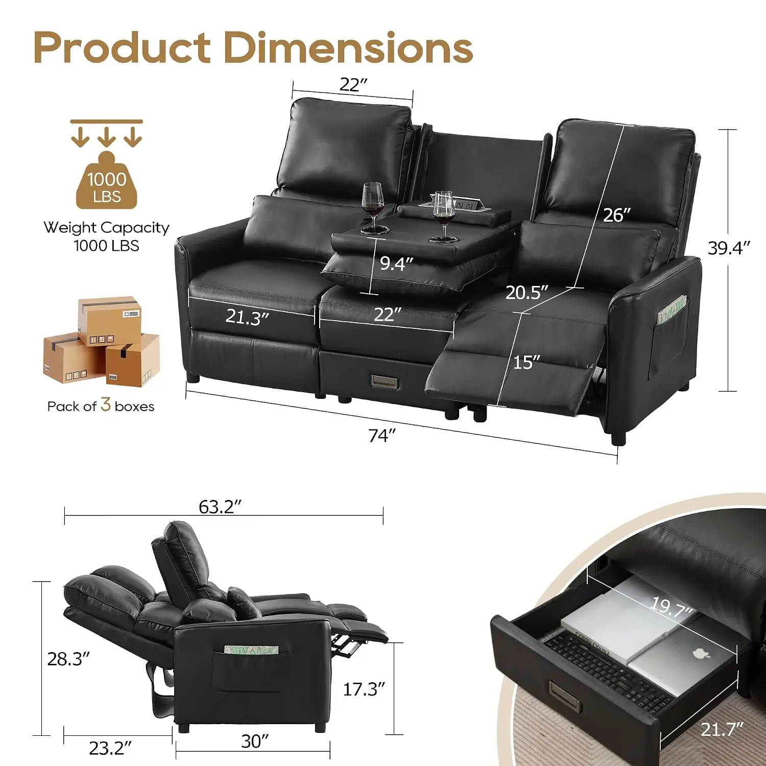 74'' RV 3 Seater Recliner Sofa, Faux Leather Camper Couch, Home Theater Seat, Push Back for Living Room, Black, Customized