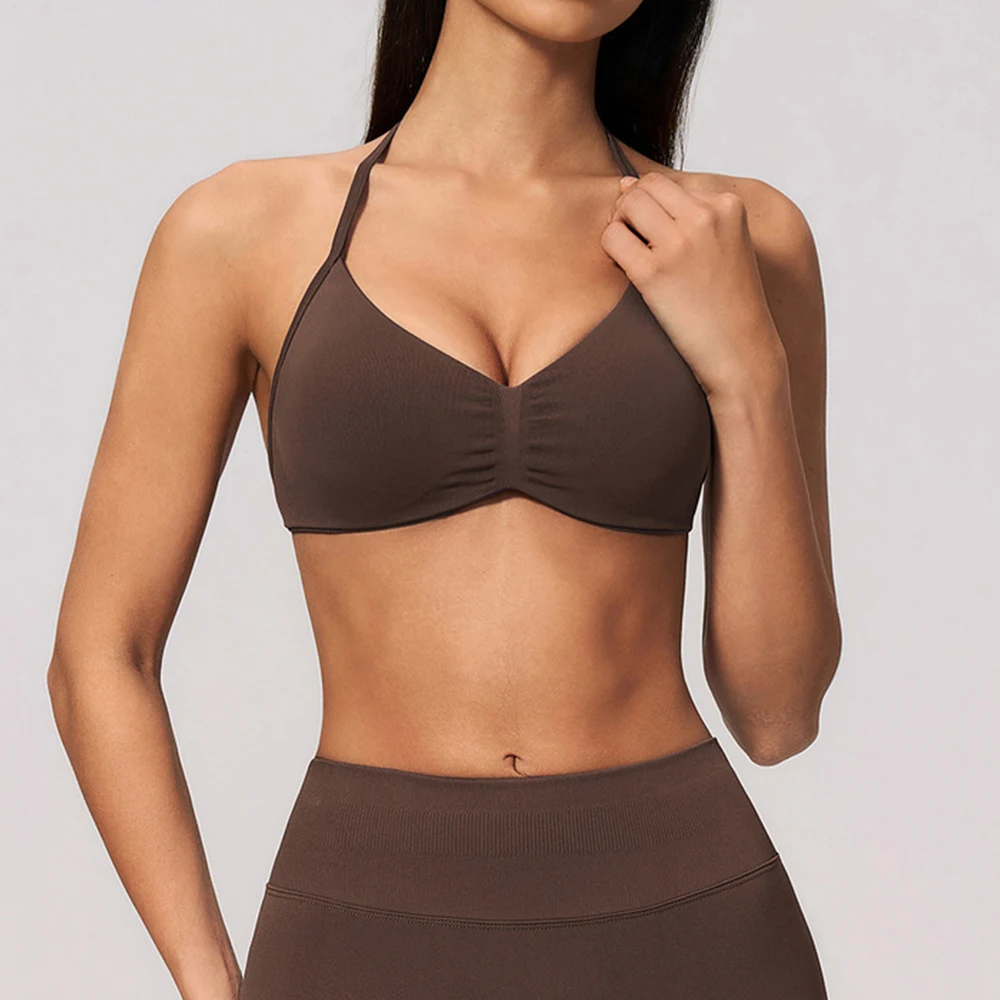 Yoga Bra Women's Seamless Ribbed Sports Bra Halter Ruched V Neck Padded Yoga Top Gym Running Training Workout Fitness Athletic