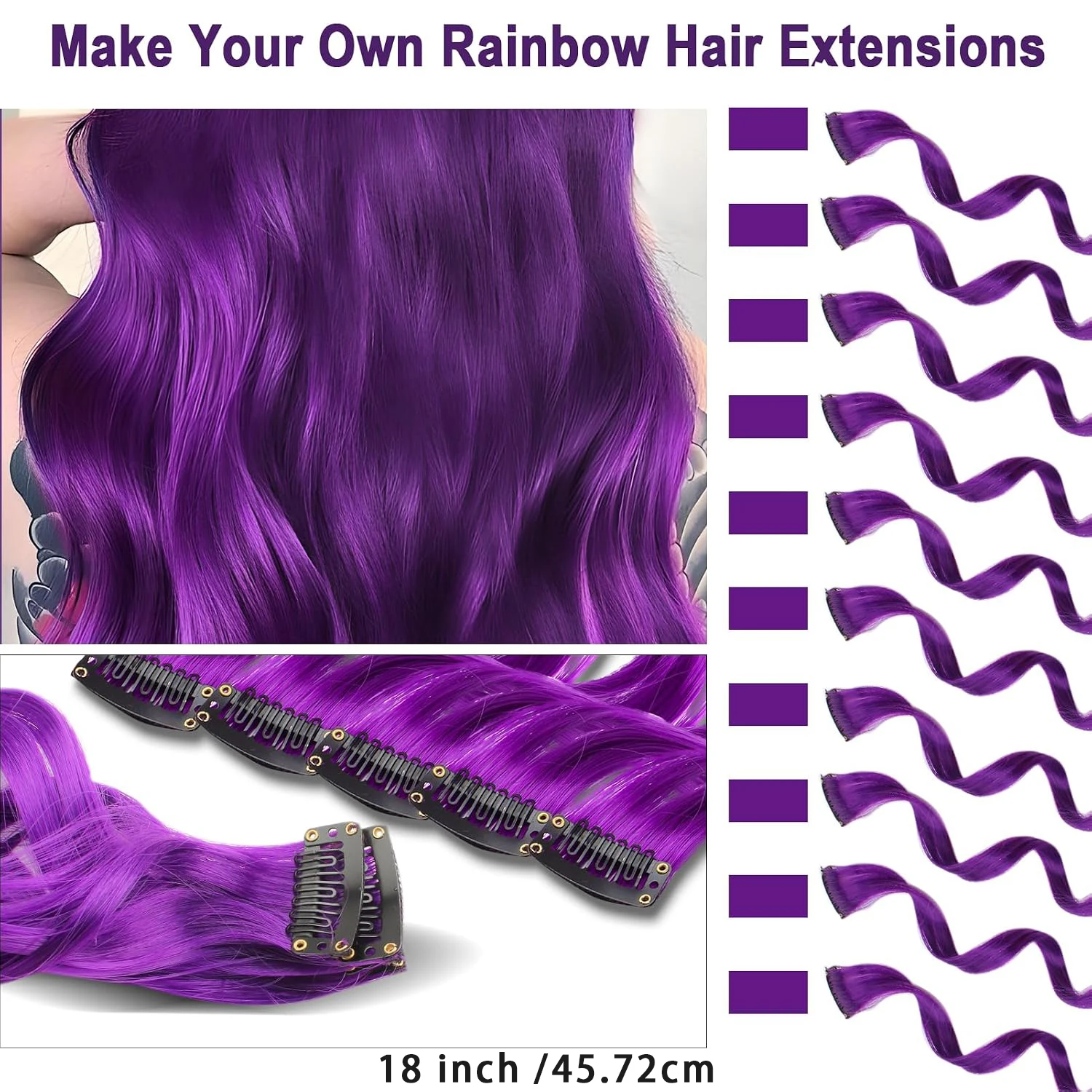 5 PCS Purple Hair Extensions, Curly Wavy Synthetic Hairpieces Clip in Colorful Hair Accessories for Women Teen Girl Gifts, Rainb