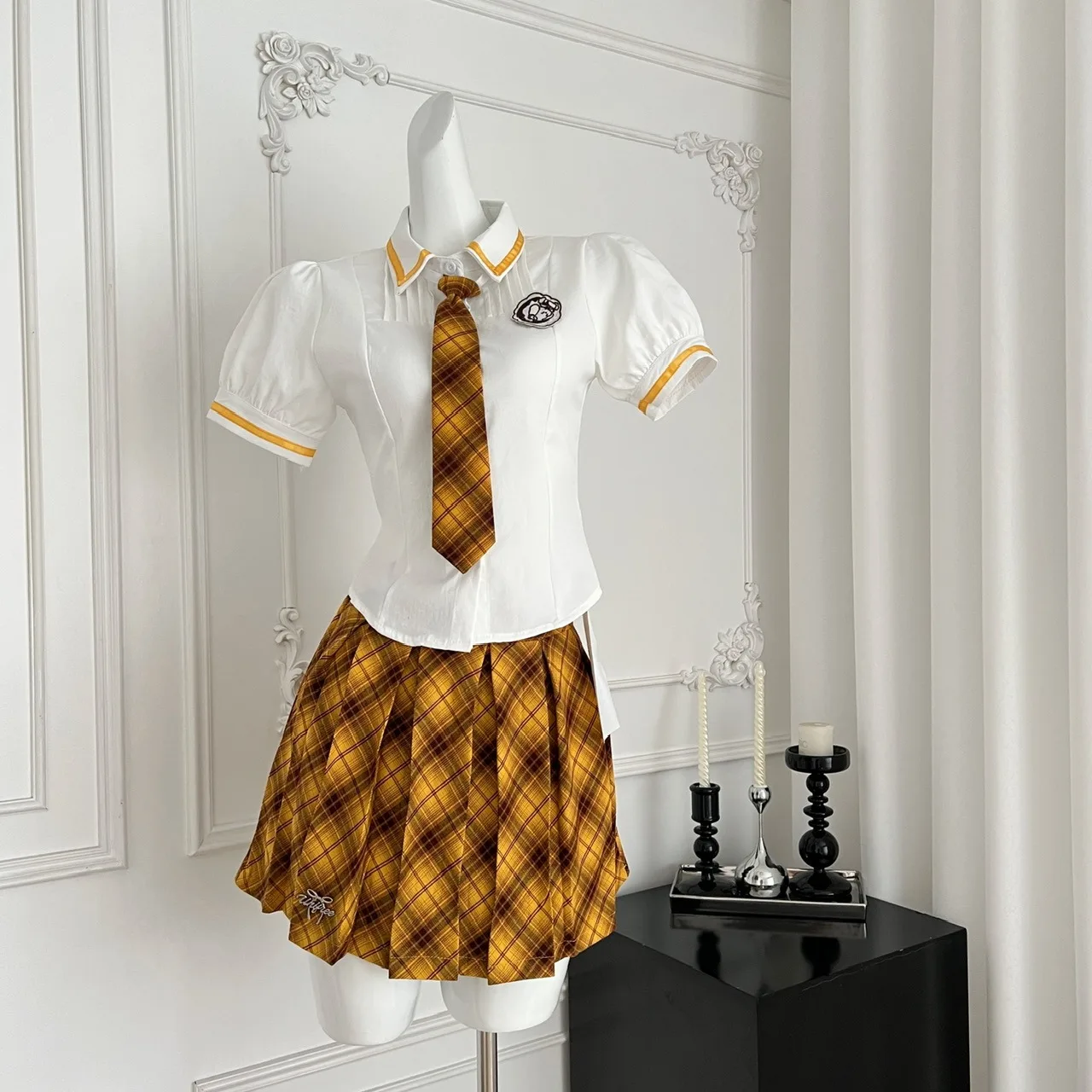 

Slim Fit irt And Plaid Skirt Set Women's Summer Faion Outfit Pure Desire Spicy Girl Bow Tie Bubble Sve Ensemble