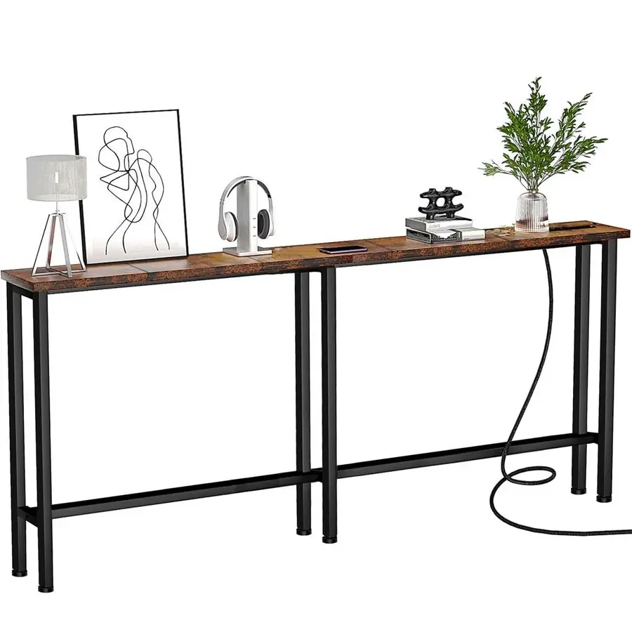 

Narrow Console Sofa Table with Power Outlets amp 2 USB Ports, Metal Frame, Rustic Brown, Perfect for Hallway, Office, and Behind