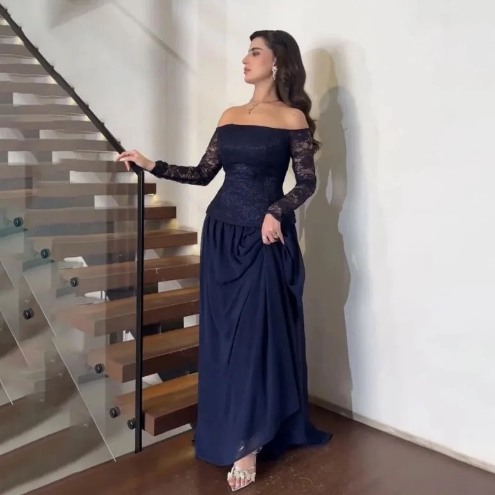 Sukienka na bal dla kobiet z wykwintną koronkową aplikacją, długi rękaw, urocza suknia wieczorowa w stylu syreny z dekoltem w łódkę, marszczona suknia na przyjęcie.