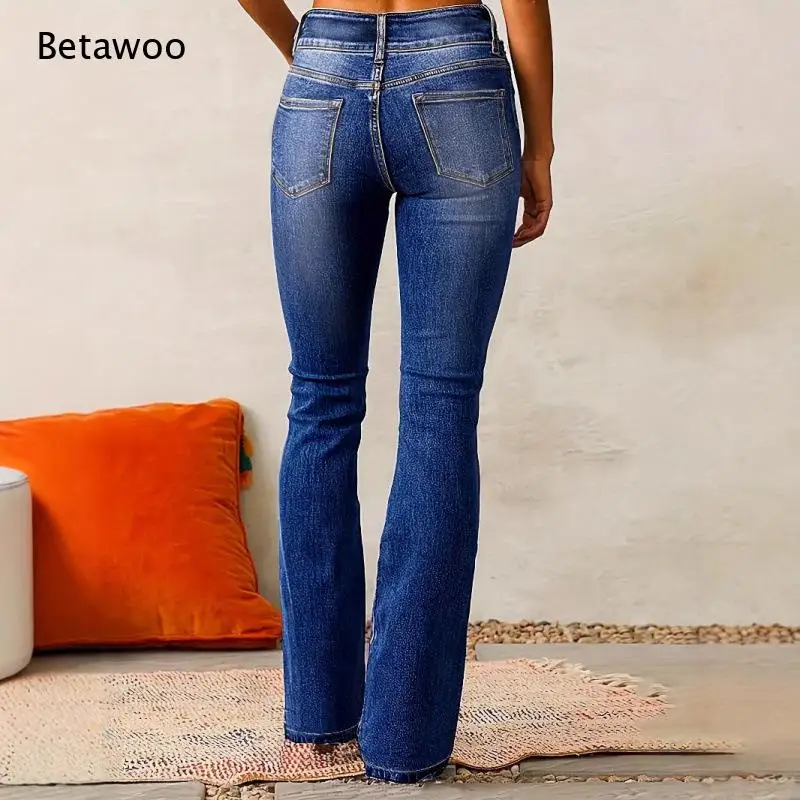 Flared Denim Trousers Dual Button Fastener Front Functional Pockets Slimming Comfort Stretch Construction