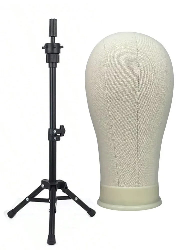 

22Inch Canvas Block Wig Head With Wig Tripod Stand Soft Cork Canvas Block Head For Displaying Mannequin Wig For DlY Wig Making