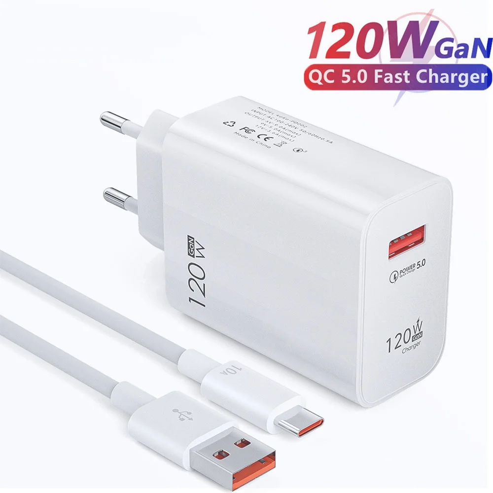 120W USB Charger Fast Charging Mobile Phones Adapter for Xiaomi Redmi Note iPhone Samsung Quick Charge 3.0 Type C 6A/10A Cable