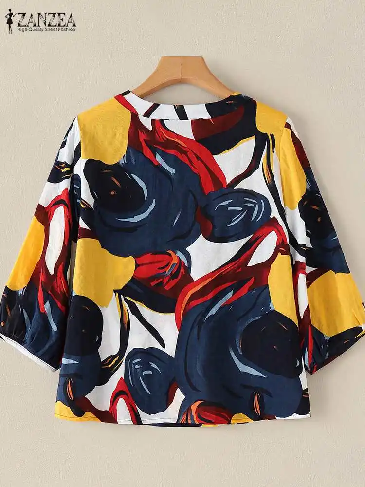 Zanzea Vrouwen Casual Losse All-Over Print Blouses Herfst 2024 Vintage 3/4 Mouw Blusas Mujer Vakantie Vrije Tijd O Hals Tuniek Tops