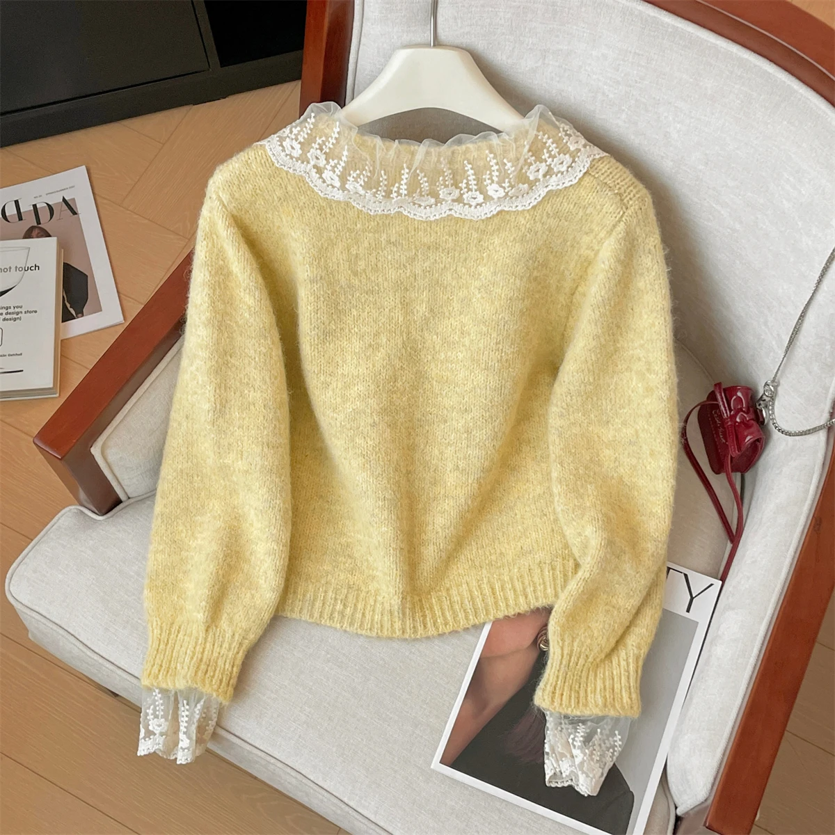 Yellow Lace Patchwork Soft Sweater Women Spring Autumn Korean Single Breasted Cardigan Jacket Temperament Knitted Tops Sweet