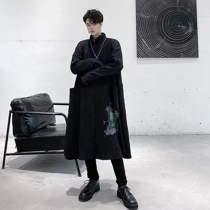 

ARENS Autumn New Black Men's Windbreaker Men Gothic Ins Long Coat Men Harajuku Hip Hop Blouses Shirts Goth Mens Clothing