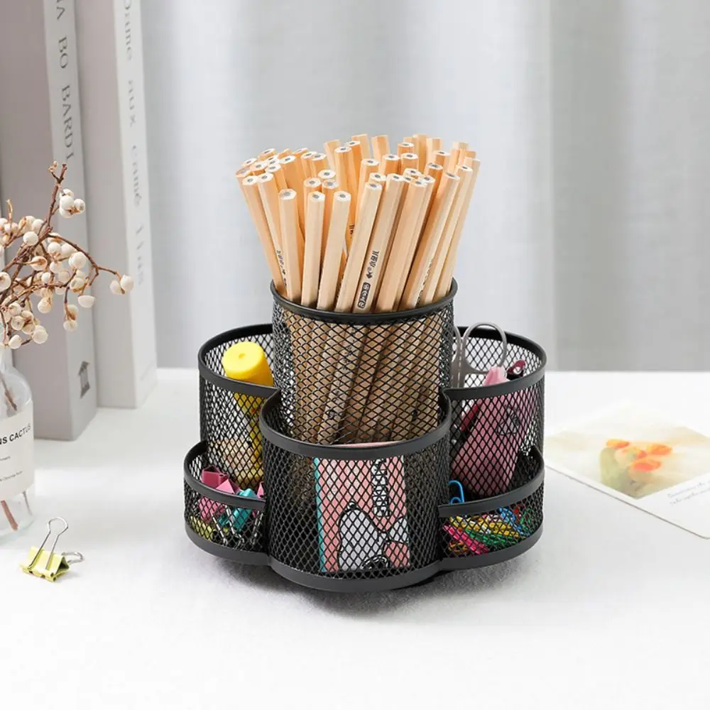 

360 Rotatable Metal Mesh Pen Holder Multifunctional 7 Compartments Desktop Pencil Organizer Anti-slip Large Capacity