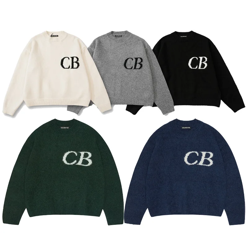 

Cole Buxton mat Letter Embroidered Knitwear Casual round Ne Overhead Sweatirt ex Loose Fit Cotton Long Sve