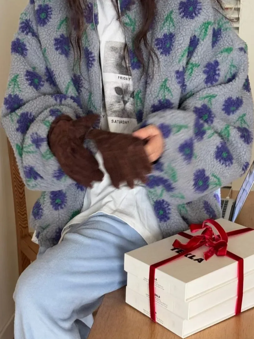 Chic Winter Thiened ort Lamm Pelzmantel frauen Floral Gemusterte Vielseitige Warme Oberbekleidung Koreanische Sle Lose Fit Damen Jaet