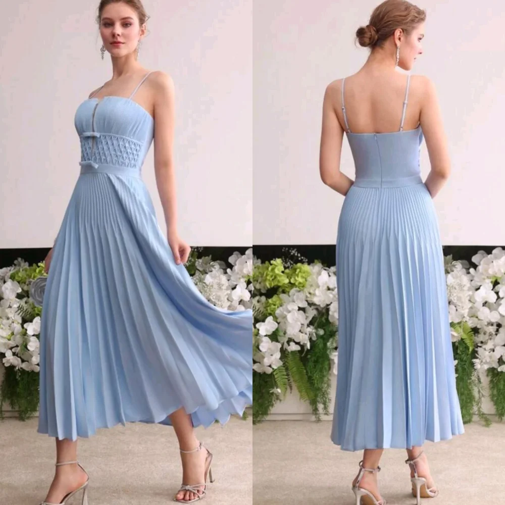 맞춤형 패션 블루 쉬폰 연예인 가운 우아한 Strapless 스파게티 스트랩 보우 셔링 지퍼 백 Vestido De Noche
