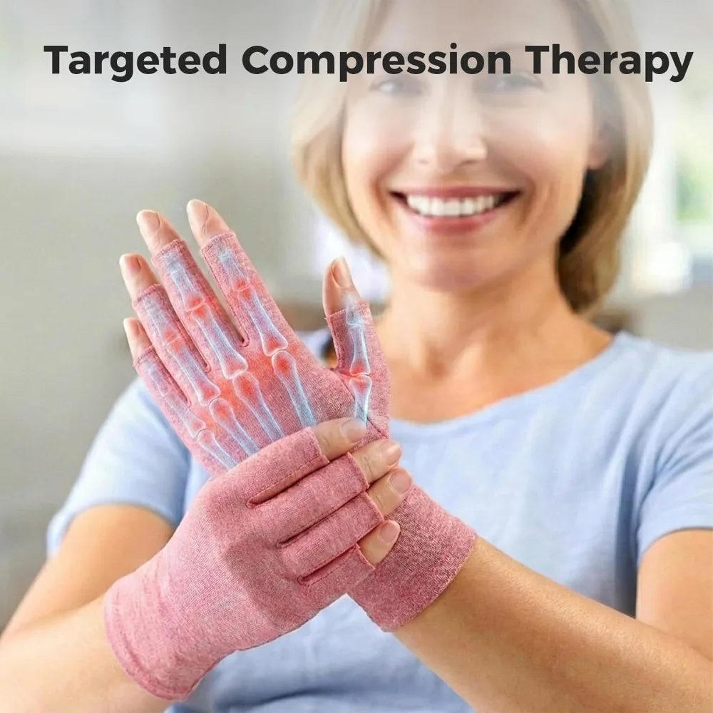 Fingerless Compression Arthritis Gloves for Women Men, Breathable Joint Pain Relief for Typing, Driving & Crafts, Pink