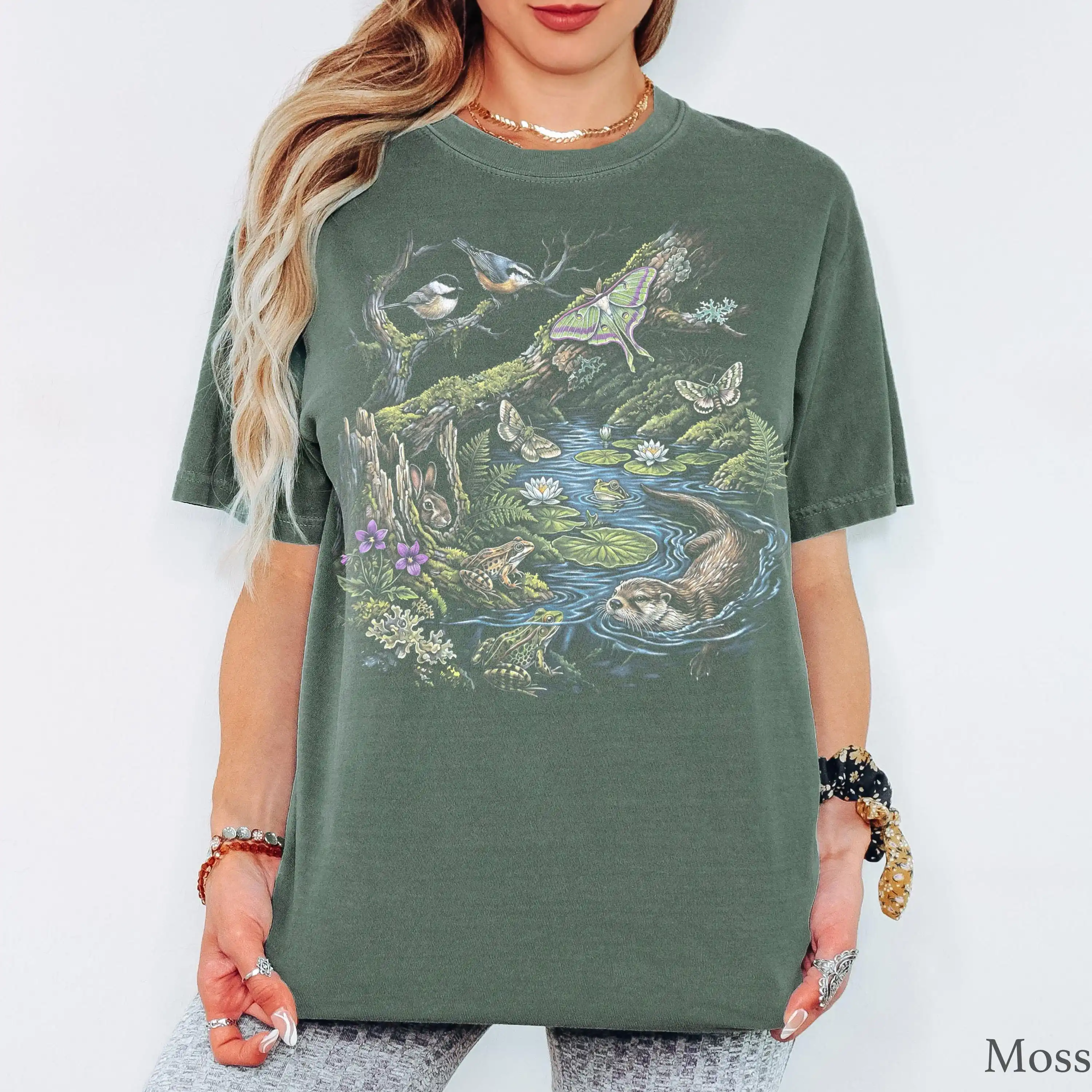 90s Forest Animals T-Shirt  Graphic Tee - Vintage Cottagecore Shirt  Woodland - Otter  Frog  Rabbit  Birds Shirt