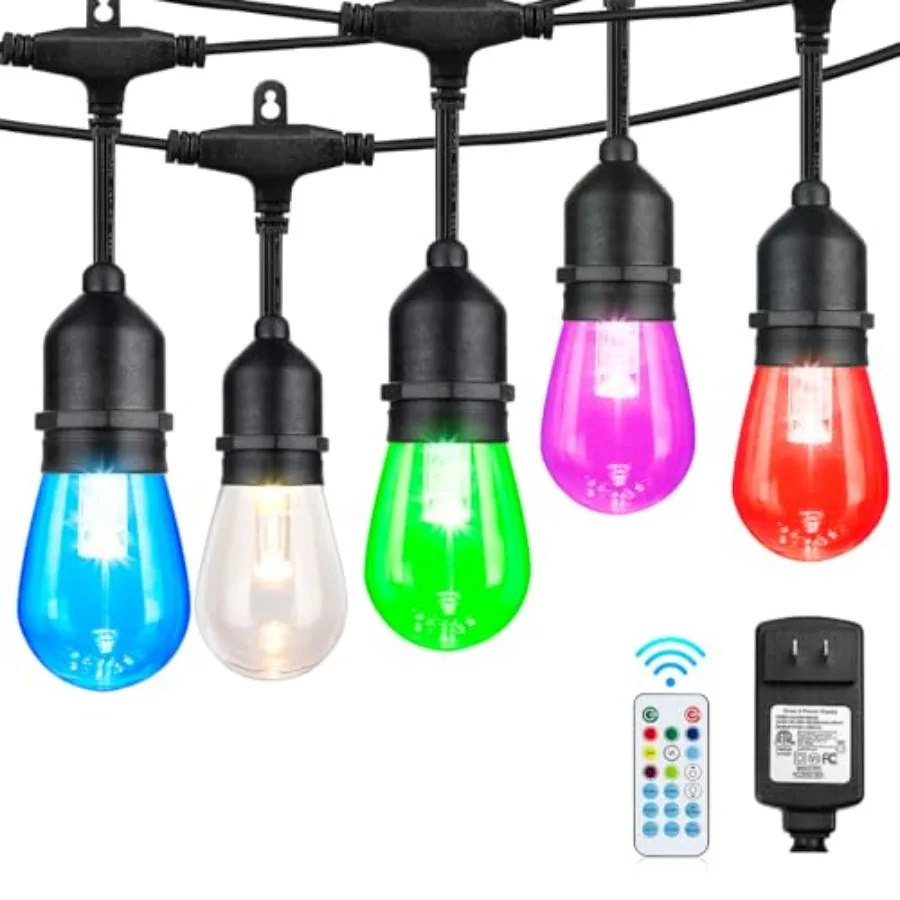 

48Feet RGB Outdoor String Lights 15 Shatterproof Edison LED Bulbs Waterproof Color Changing Patio Lights with Remote. Dimmable