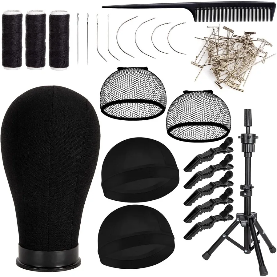 

22-дюймовая черная парусиновая голова манекена для парика с подставкой для головы для практики укладки и отображения включает в себя шапочки для парика и набор из Тпинов Ideal f