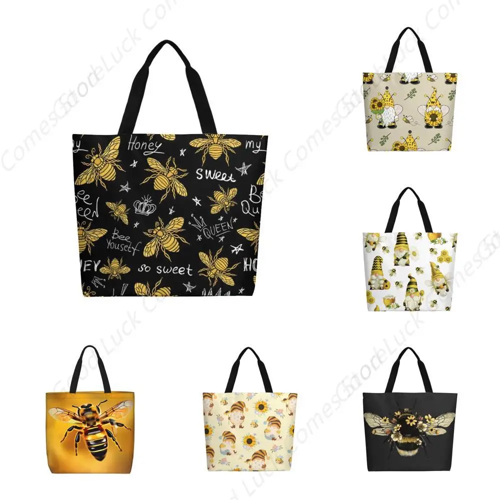 

Large Tote Bag for Women Reuseable Handbag,Yellow Honeycomb and Bees Shoulder Bag,Double Sided Priting Grocery Bag